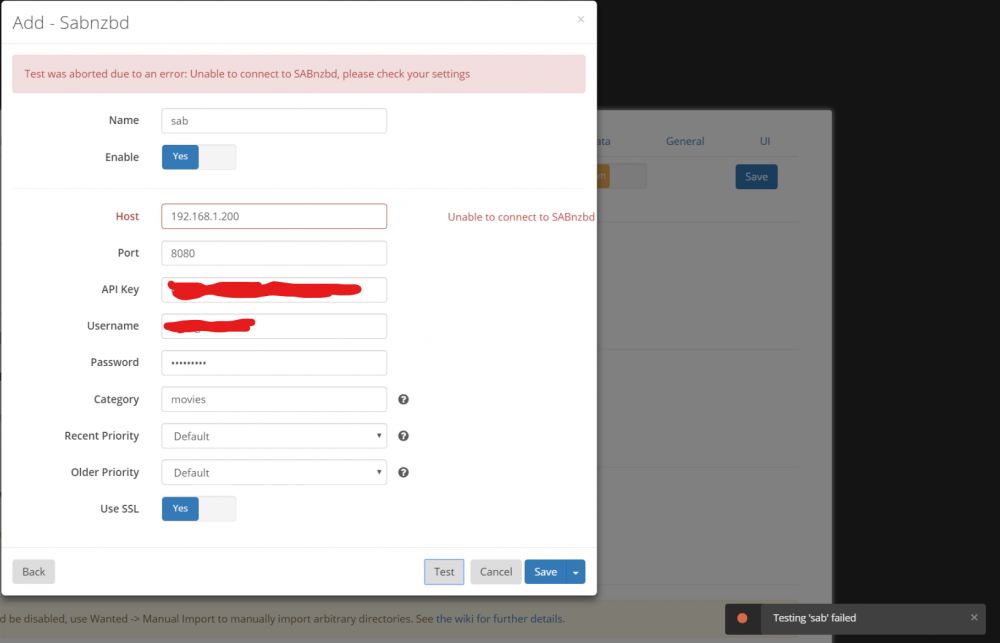 Radarr-Sonarr Sabnzb test error.png