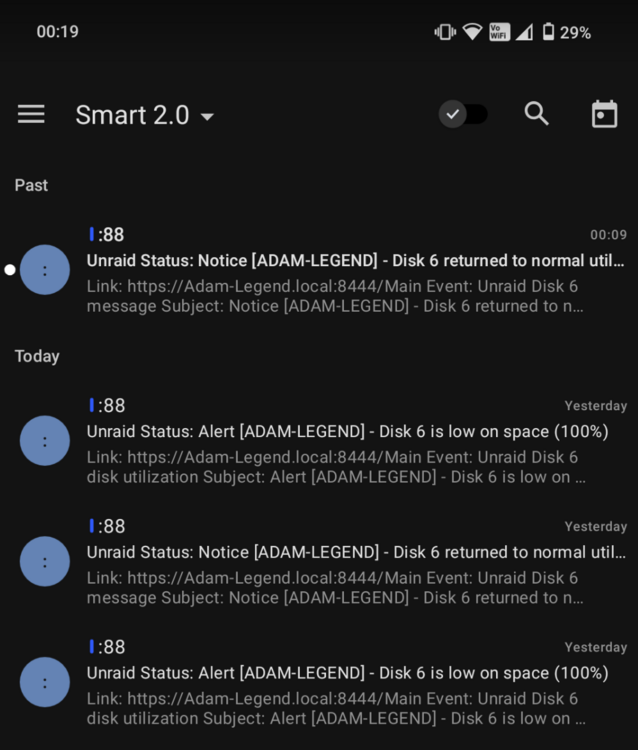 4 emails in my inbox showing that disk usage had reached 100%, then cleared, then 100%, and cleared again