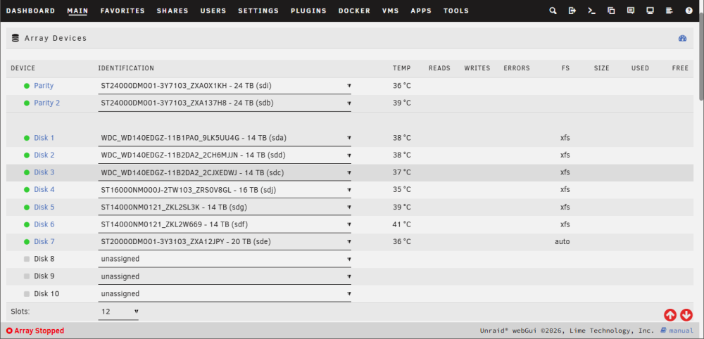 Unraid BEFORE restart with bad 20tb and unknown parity 26'07.png